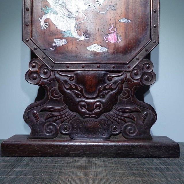 Antique Chinese Ebony Table Screen With Mother-of-Pearl Dragon Inlay For Sale - Image 4 of 9