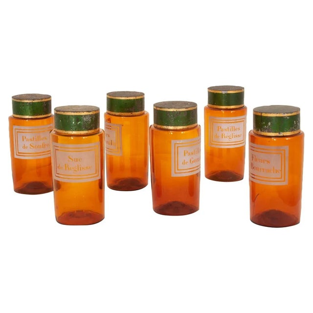 French Amber Glass Apothecary Storage Jars - Set of 6 For Sale - Image 4 of 13