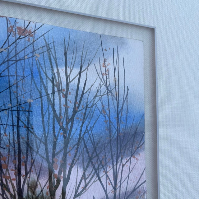 1990s Winter Landscape Barn Sunset Watercolor Painting By: Fambe? Framed, Linen Matting For Sale - Image 6 of 12