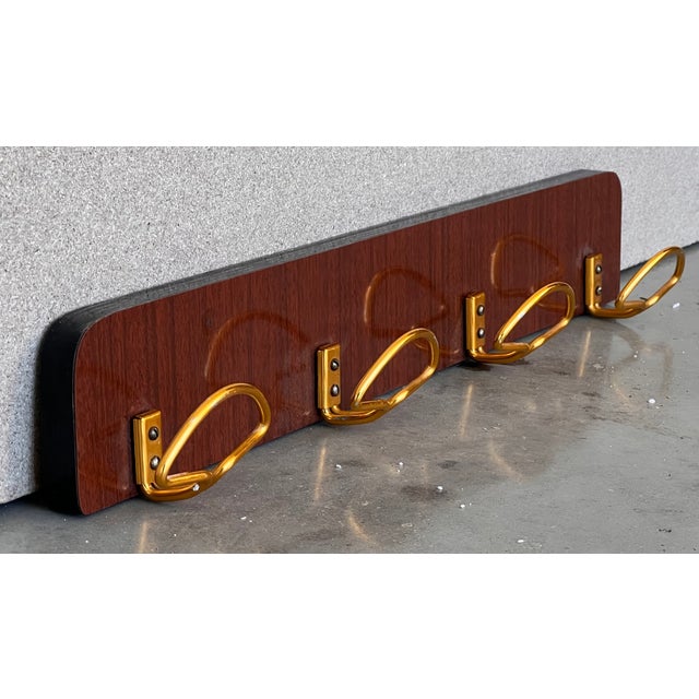 Italian Mid-Century Modern Wood and Brass Wall Coat Hanger, 1960s For Sale - Image 4 of 9