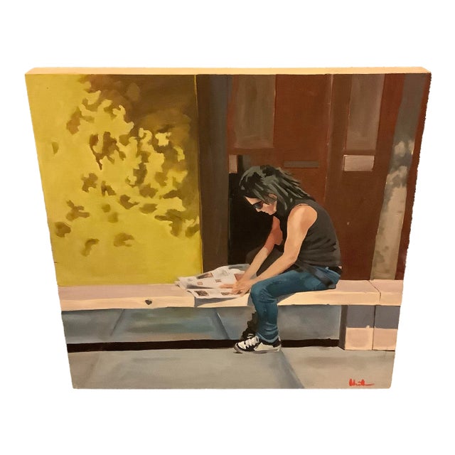 Modern Realism Lady Reading Newspaper Painting on Board For Sale