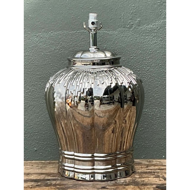Late 20th Century Vintage Silver Mirror Finish Glazed Ceramic Lamp For Sale - Image 5 of 12