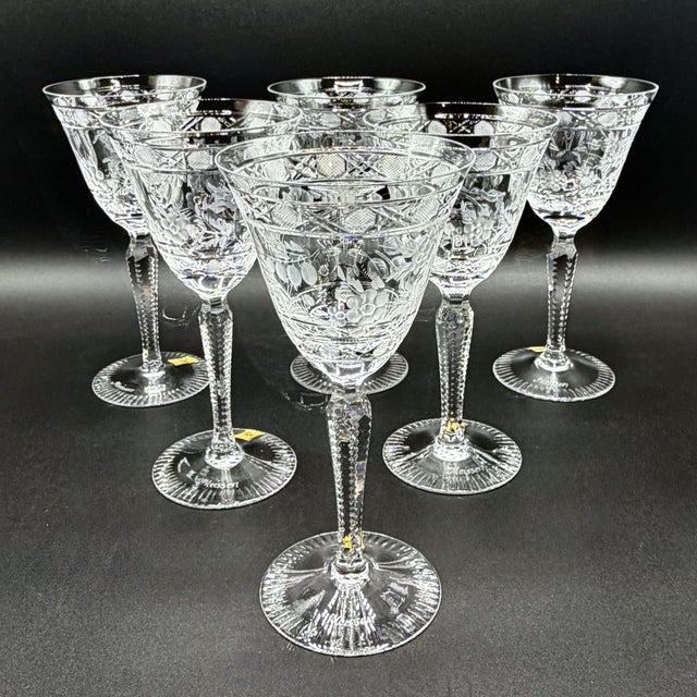 Glass Meissen Crystal Wine Glasses, Floral Engraved & Cane Cut, German Bleikristall, 1960s, Set of 6 For Sale - Image 7 of 18