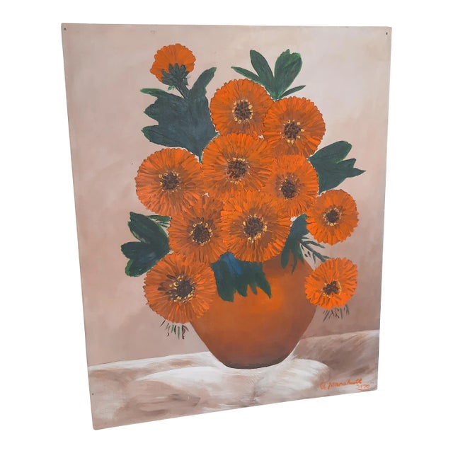 Orange Floral Bouquet Painting Artist Signed Poppies Daisy Flower For Sale