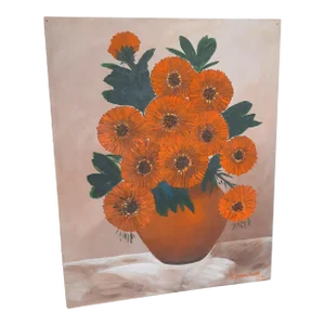 Orange Floral Bouquet Painting Artist Signed Poppies Daisy Flower