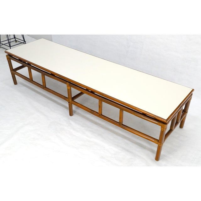 Ficks Reed Mid Century c1970s Rattan Bamboo White Formica Top 72” Long Coffee Table MINT For Sale - Image 4 of 15