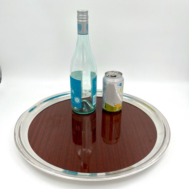 Mid-Century Modern Silverplate & Formica Bar Tray, 16.5" Diameter Vintage Formica tray with silverplate trim. This...