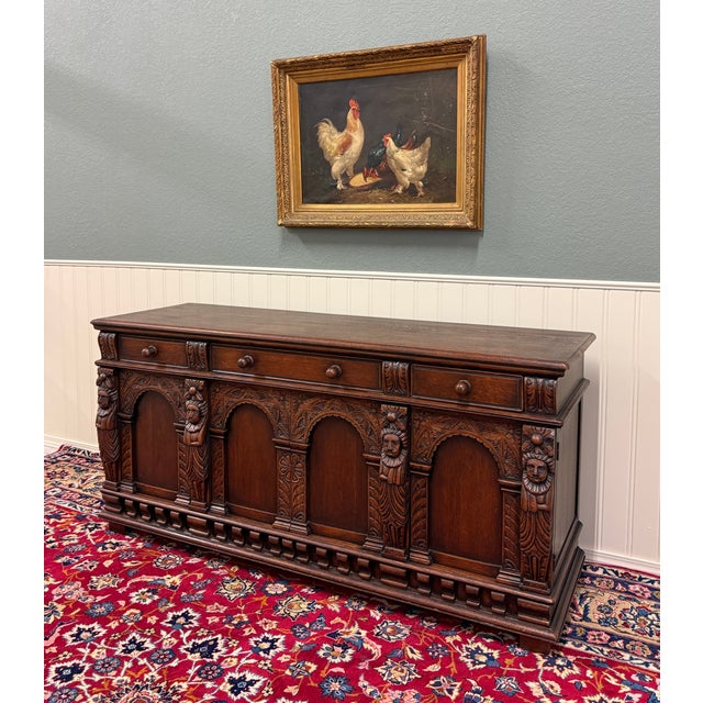 Antique English Renaissance Style Sideboard Server Entry Buffet Oak c.1930-40s For Sale In Dallas - Image 6 of 18