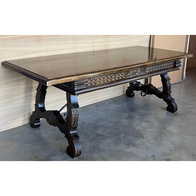 Renaissance Early 20th Century Large Spanish Two Faces Baroque Style Oak Library Table or Center table For Sale - Image 3 of 18