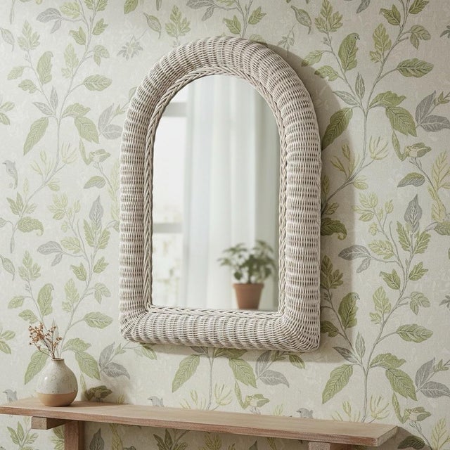Wood Vintage White Rattan Arched Mirror For Sale - Image 7 of 12