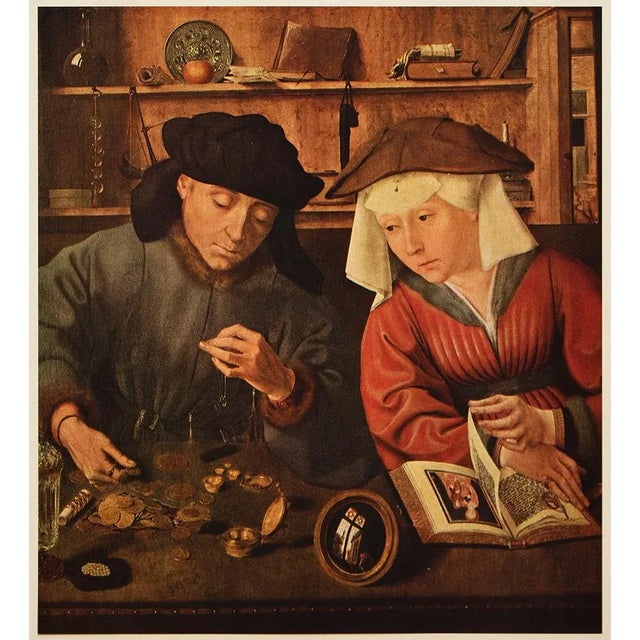 Printmaking Materials 1956 After Quentin Massys "The Moneychanger and His Wife", Vintage Full-Color Print For Sale - Image 7 of 8