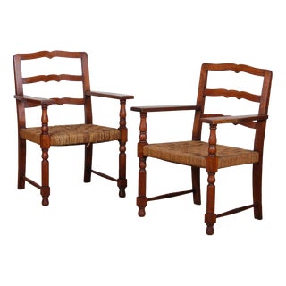 Oak and Rope Armchairs, French Work from the 1940s, Set of 2 For Sale