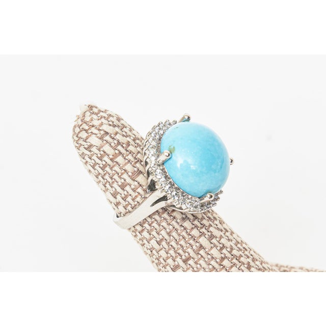 Vintage 1960's Persian Turquoise With Surround Diamonds 18k White Gold Dome Cocktail Ring, Size 7 For Sale - Image 9 of 11