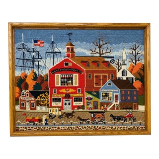 Vintage Handmade Needlepoint Cross Stitch of Early America Harbor Town For Sale