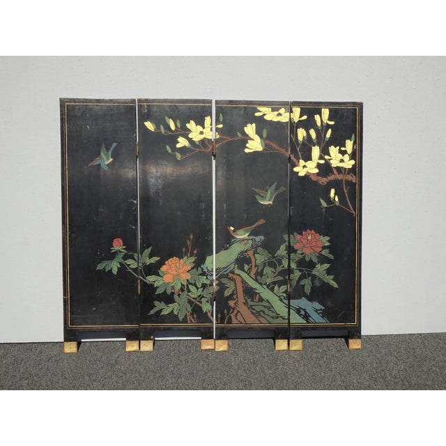 Asian 35"t Vintage Oriental Asian Gold Chinioiserie Coromandel 4 Four Panel Screen For Sale - Image 3 of 13