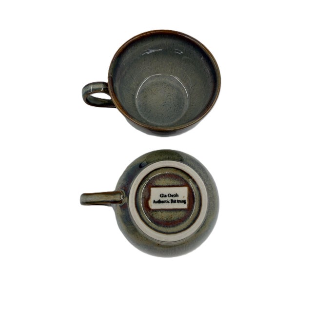 Ceramic Vietnamese Dual-Glaze Stoneware Ceramic Coffee Cups and Saucers With Spiral Motif - Set of 4 For Sale - Image 7 of 8
