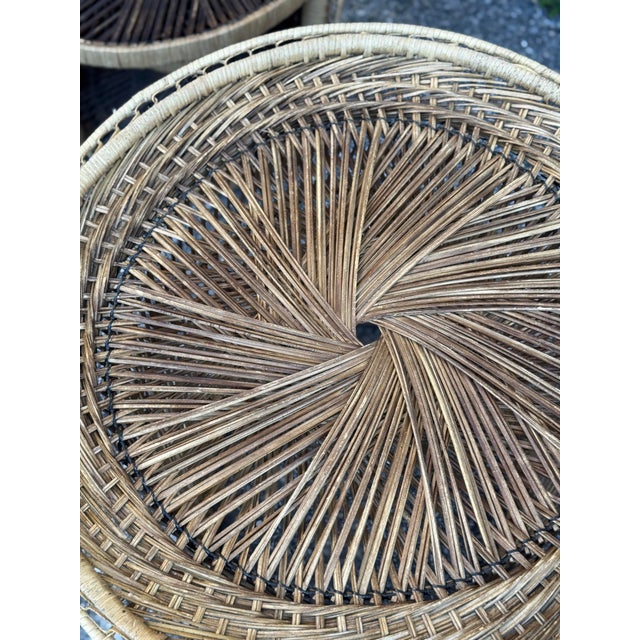 1970s Boho Coastal Wicker Rattan Barrel Chairs With Matching Drum Table – Set of 3 For Sale - Image 11 of 12