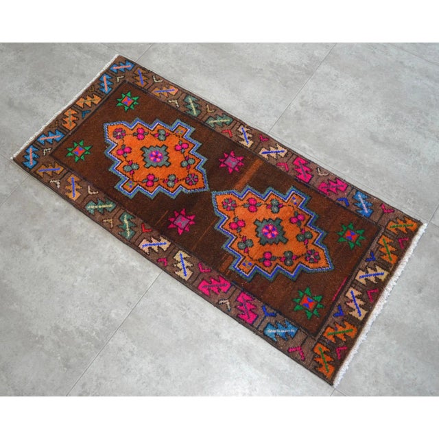 Chocolate Hand Knotted Turkish Small Rug Decorative Mat for Bathroom and Kitchen Mat- 19'' X 41'' For Sale - Image 8 of 10