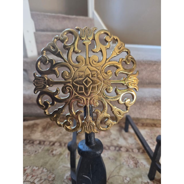 Vintage Virginia Metal-Crafters Iron With Brass Medallions Andirons - A Pair For Sale In Indianapolis - Image 6 of 9