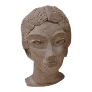 Mid Century Terracotta Bust Elegant Beautiful Woman Modern Art Clay Brown Head For Sale