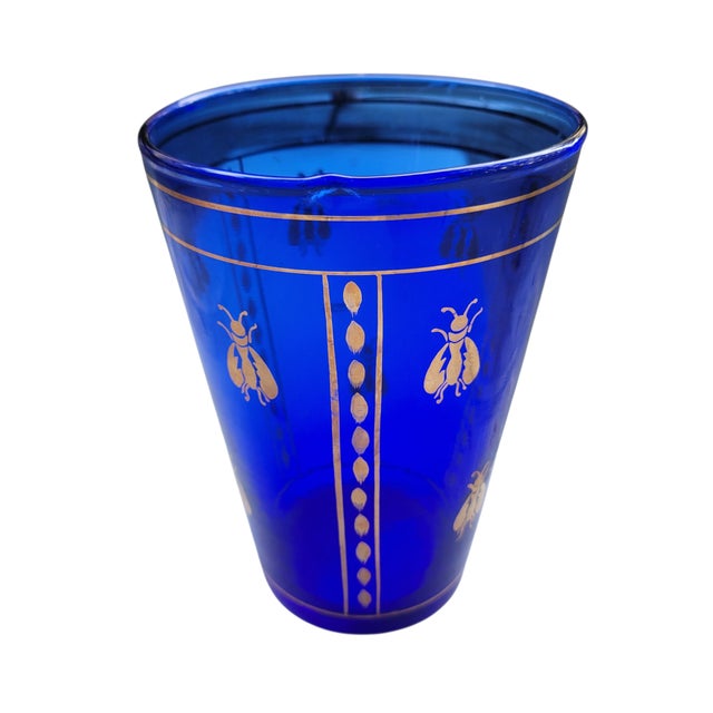 Vintage Boho Mid Century Hand Blown Cobalt Blue Glass Vase With Gold Honey Bee Accents For Sale - Image 12 of 18