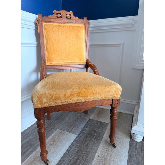 Victorian Antique Eastlake Walnut Parlor Chair, Circa 1880s Victorian With Brass Casters For Sale - Image 3 of 12