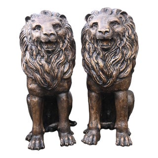 Bronze Lion Gatekeeper Statues Guard Casting Lions, Set of 2 For Sale