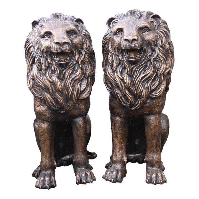 Bronze Lion Gatekeeper Statues Guard Casting Lions, Set of 2 For Sale
