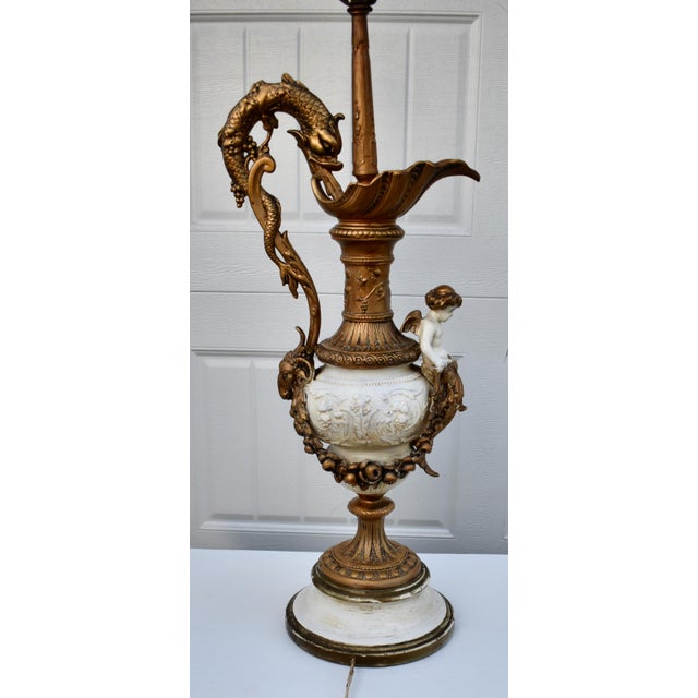 Antique Gilded Metal Lamp Renaissance Style Ornate Ewer Designed Figural Details For Sale - Image 16 of 17