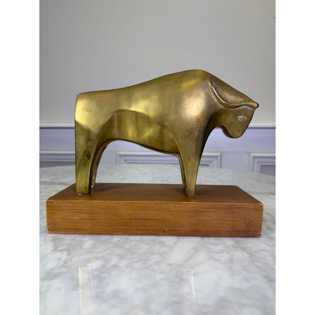 Mid-Century Modern Vintage Mid-Century Modernist Solid Brass Bull Sculpture on Walnut Base For Sale - Image 3 of 8