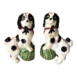 Antique Majolica King Charles Cavalier Spaniel Bookends - a Pair For Sale
