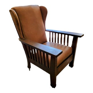Antique High Back Leather Mission Club Chair Attributed to Larkin For Sale