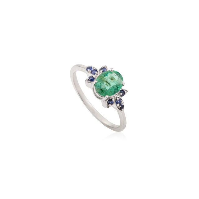 Contemporary Handmade925 Silver Oval Emerald Statement Ring With Blue Sapphires - Size 7 For Sale - Image 3 of 11