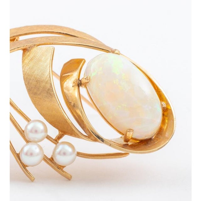 14k Yellow Gold Opal & Pearls Brooch For Sale - Image 4 of 6