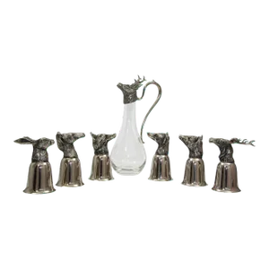 Set of 6 Silver Stirrup Cups Goblets Animal Heads With Wine Decanter Italy 1970s