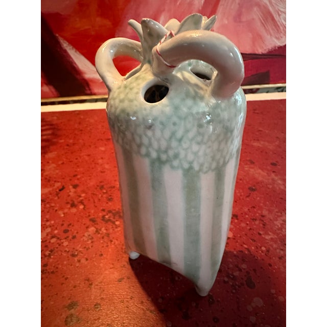 Abstract Handcrafted Striped Celadon Green Ceramic Vase For Sale - Image 3 of 5