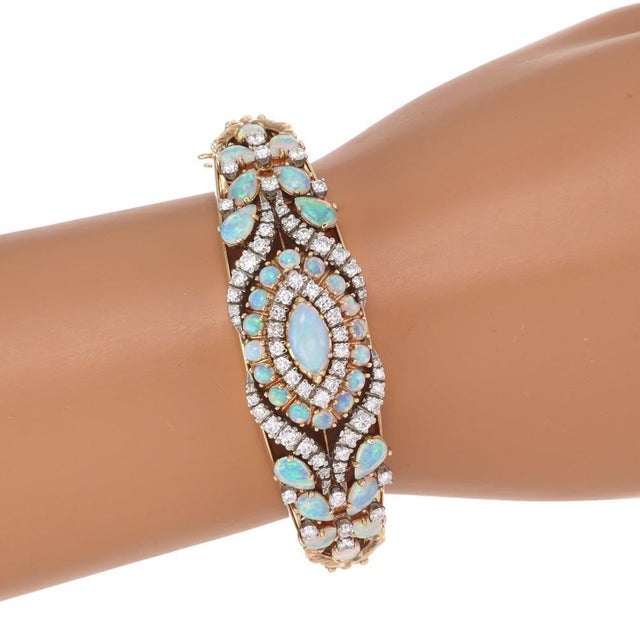 Diamond & Opal 14k Bracelet Yellow Gold Floral Wide Vintage Bangle For Sale - Image 4 of 4