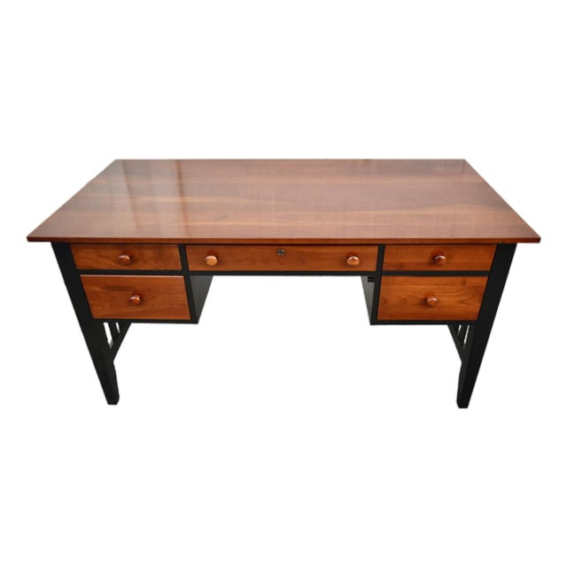 Vintage Ethan Allen Transitional Style Black & Cherry Four Drawer Desk For Sale