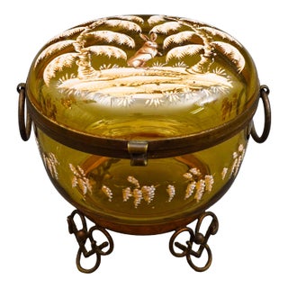 Bohemian Moser Enamel Amber Art Glass Dresser Trinket Jewlery Casket Box For Sale