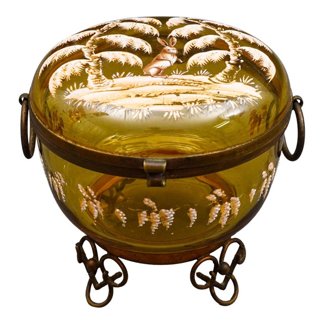 Bohemian Moser Enamel Amber Art Glass Dresser Trinket Jewlery Casket Box For Sale