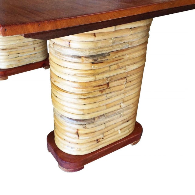 Wood Restored Stacked Rattan Double Mahogany Pedestal Dining Table For Sale - Image 7 of 8