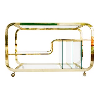 Milo Baughman Brass & Glass Bar Cart Console Table For Sale