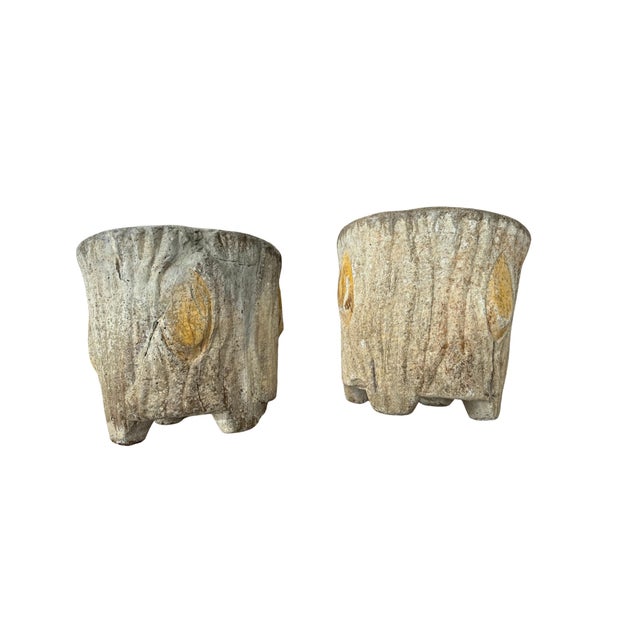 Classic French faux bois concrete planters featuring sculptural branch-form detailing and subtle yellow French decorative...