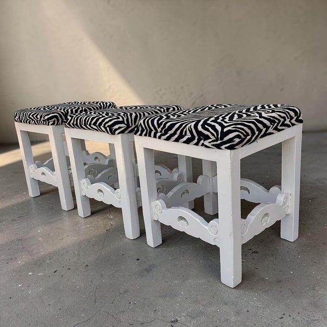Vintage Portuguese Rustic Wood Stool White with Zebra Fabric Upholstery, 1940s For Sale - Image 9 of 18