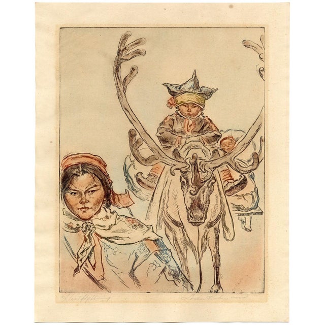 Loren Holmwood, Sámi with Reindeer Höstflytning, 1930s, Etching For Sale - Image 3 of 10
