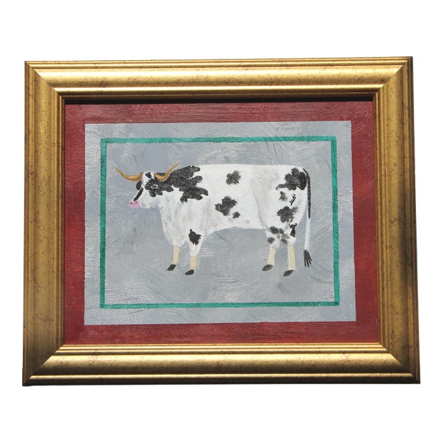 Bull Cow Western Americana Folk Art English Traditional Black White Gray Original Oil Painting by Cleo Plowden For Sale