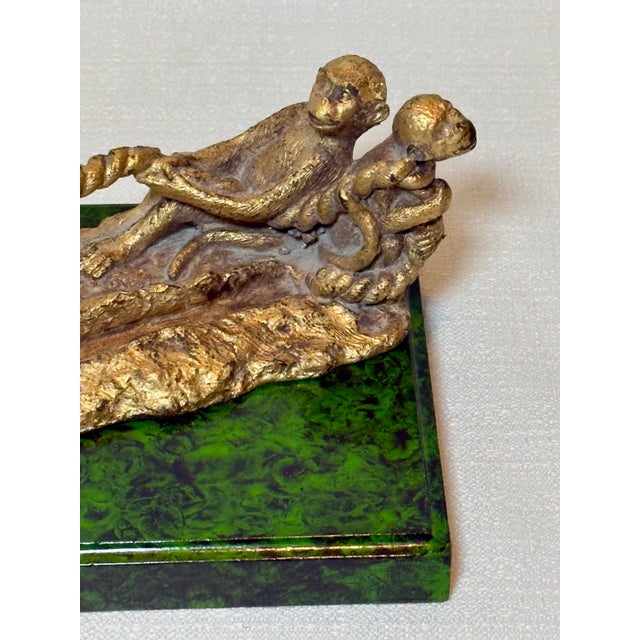 Baguès Mid-Century James Mont Style Bespoke Hand Gilt & Faux Malachite "Monkey Business" Art Sculpture / Business Card Holder - Newly Painted For Sale - Image 4 of 12