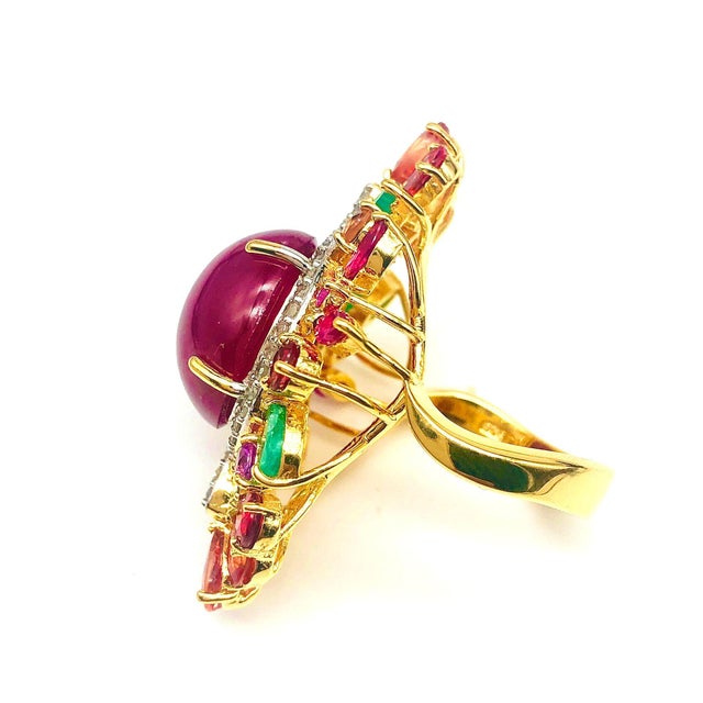 Baroque Bochic “Orient” Vintage Ruby, Emerald, Sapphire & Diamond Ring Set In 18K & Silv For Sale - Image 3 of 14