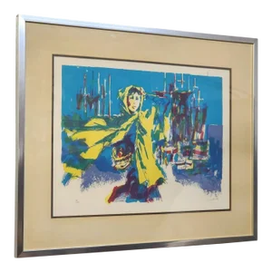 Nicola Simbari Post Modern Seriograph 1964 Early Pencil Signed and Numbered Early Work "Walking by the Shore" Bright Colorful