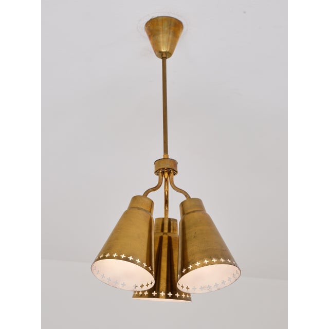Vintage Three-Arm Brass Pendant Light with Perforated Shades by Einar Backström, Sweden, 1950s For Sale - Image 12 of 12